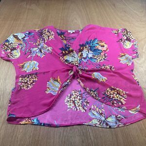 Umgee USA Women’s Medium Pink Floral Faux Tie Front Blouse Boho Sheer Top